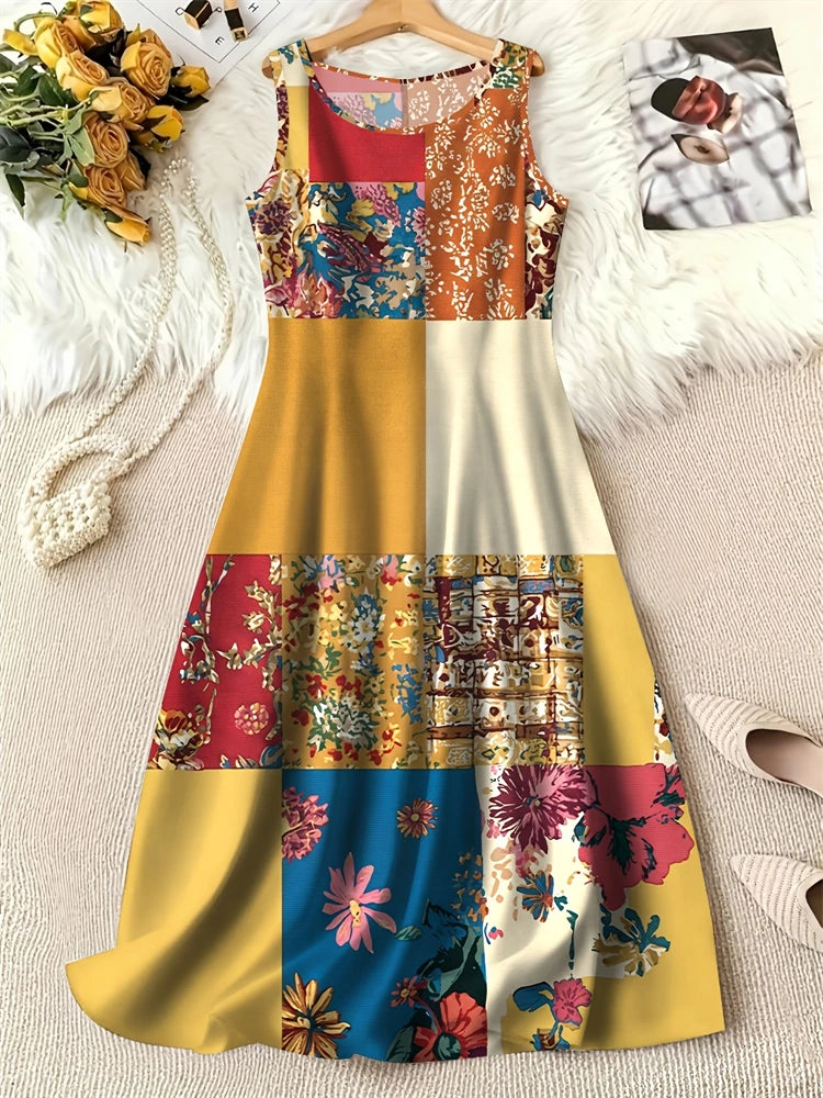 Summer Fashion Round-Neck Women's Dresses Botanical Floral Color-Blocked Patchwork Dresses Travel Party and Beach Dresses