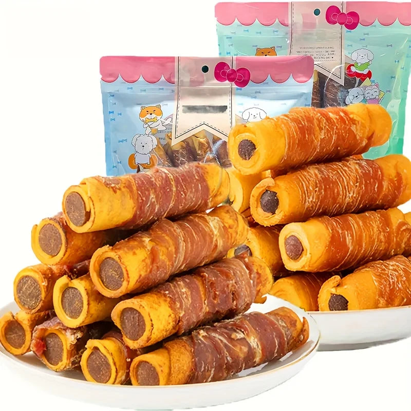 150g/5.29oz  Chicken Wrapped Cowhide Chocolate Stick, Meat Dog Snacks, Made From Chicken Meat And Beef Skin, Beef Stuffing