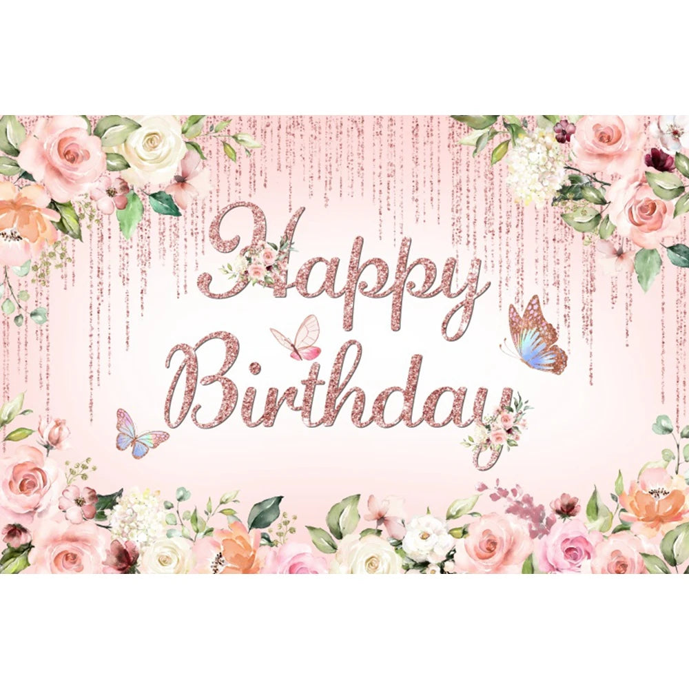 Happy Birthday Backdrop Gold Frame Frame Flower Butterfly Baby Shower Adult Anniversary Birthday Party Photography Background