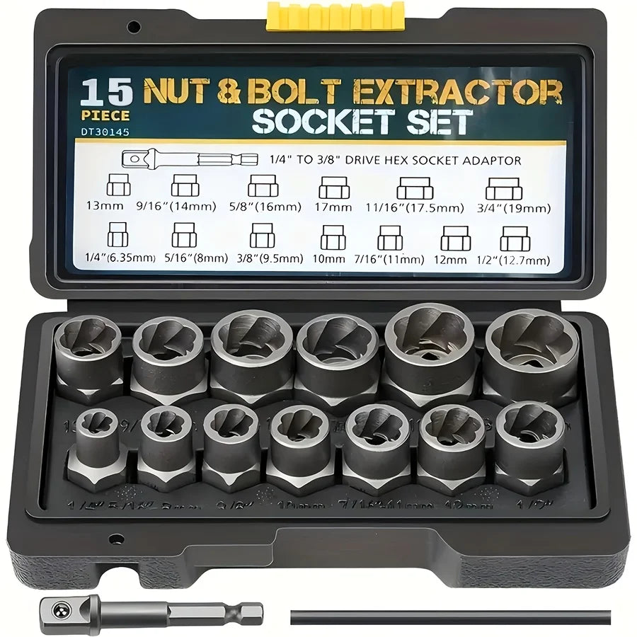 15pc Nut Extractor Set w/ Knockout Bar & 1/4"-3/8" Adapter, Bolt & Nut Remover Kit