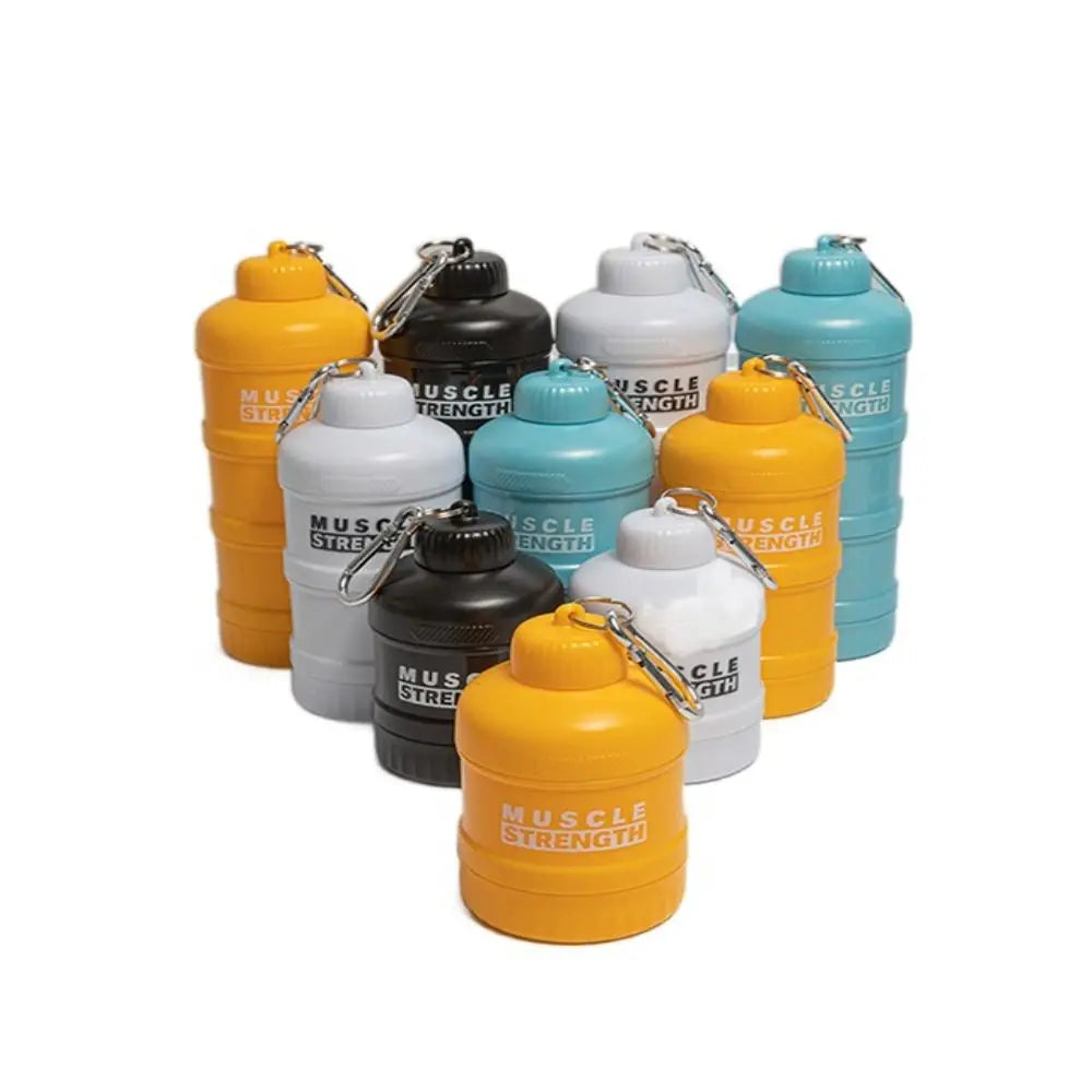 High Quality Plastic Protein Powder Box with Mountaineering Buckle Funnel Fitness Supplement Bottle Portable Medicine Box