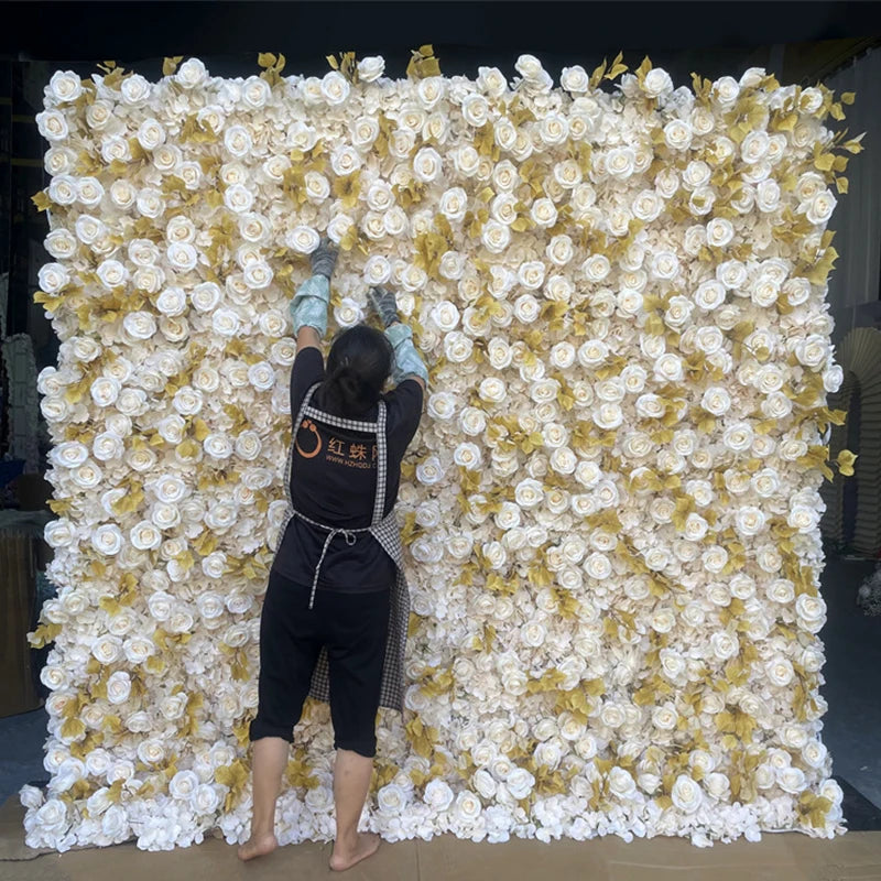 Luxur white Rose Roll Up Cloth 5D Flower Wall Arrangement Wedding Backdrop Decor Hanging Curtain Green Plants Wall Party Props