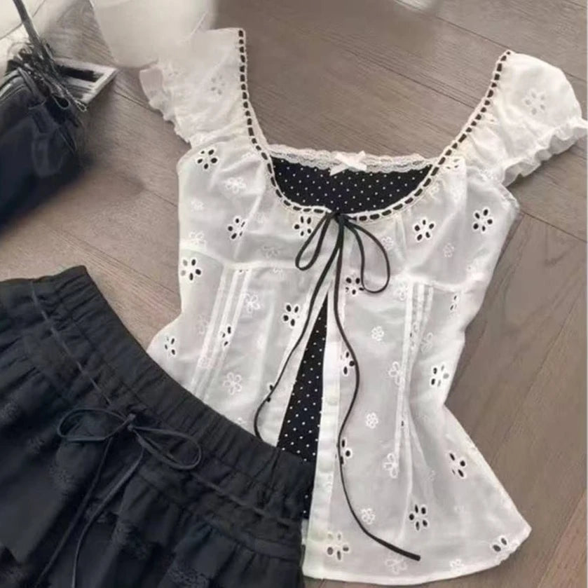 Kawaii Lolita Fake Two Piece Shirts Women Slim Elegant Lace Bow Tees Japanese Harajuku Y2K Sweet Cute Blouse Street Daily Outfit