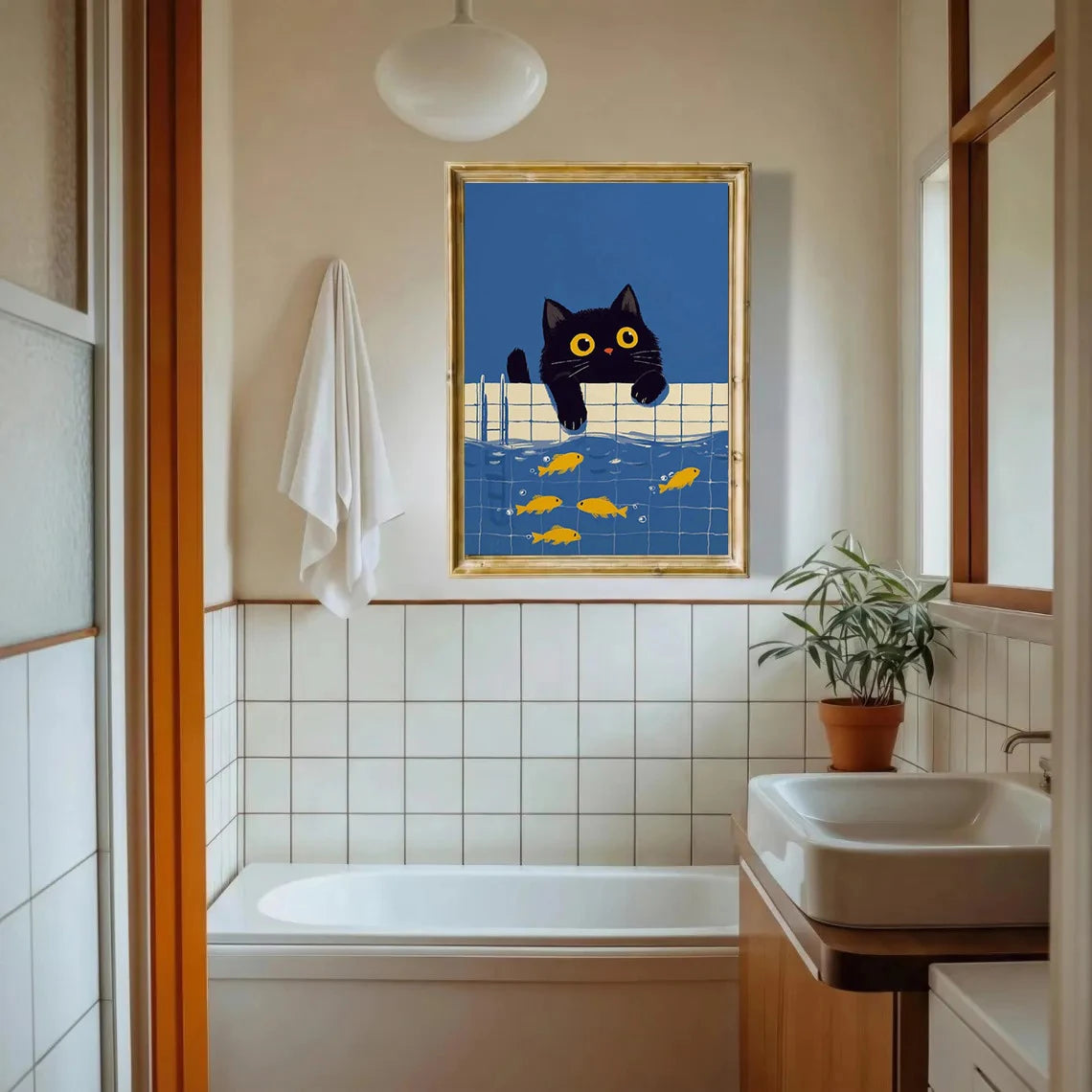 Cute Black Cat Wall Art Print with Goldfish, Whimsical Animal Illustration Poster, Modern Contemporary Poster Home Decoration