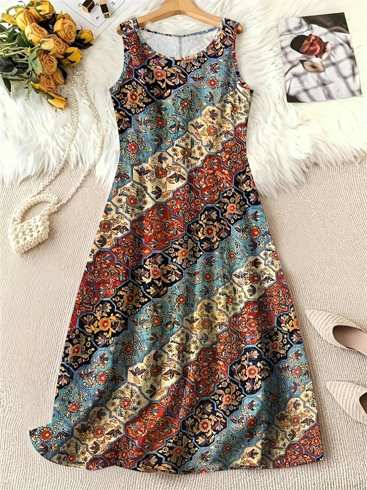 Summer Fashion Round-Neck Women's Dresses Botanical Floral Color-Blocked Patchwork Dresses Travel Party and Beach Dresses