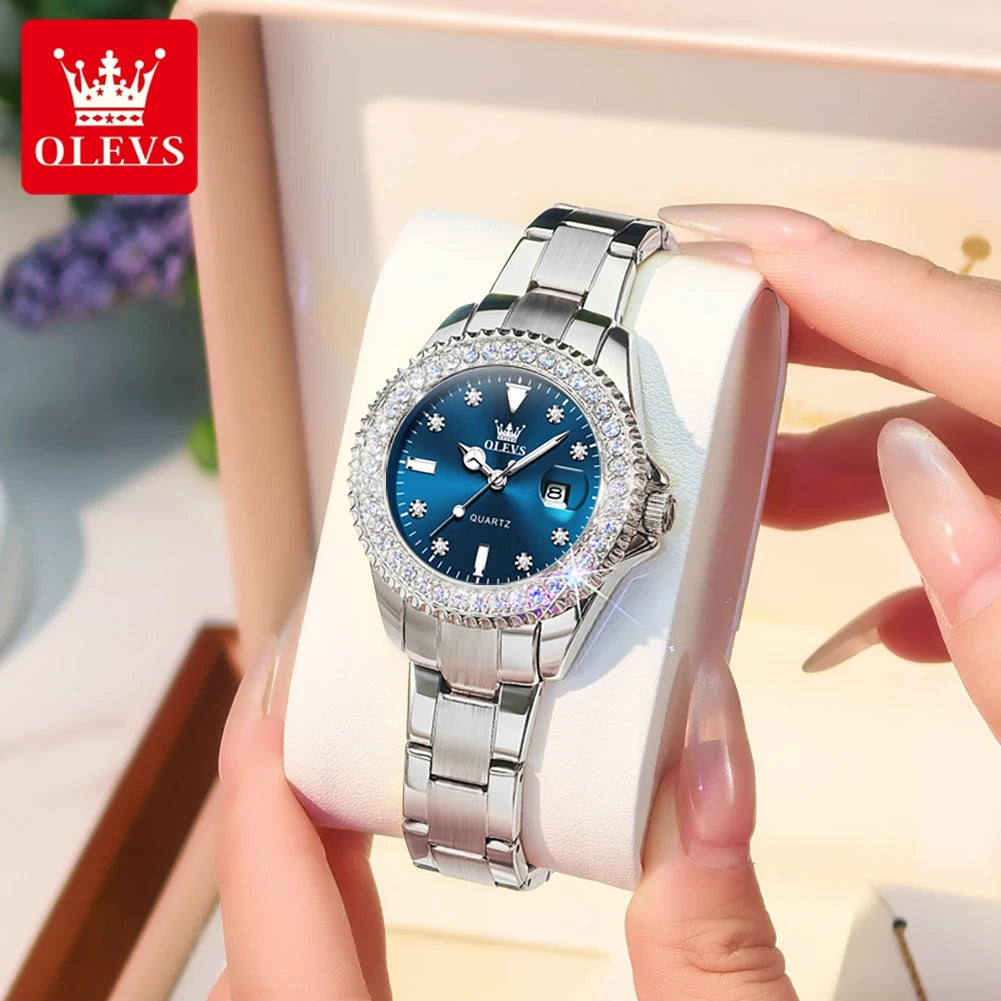 OLEVS Elegant Original Quartz Women's Watch Luxury Diamond Dial Fashion Steel Band Leather Band Waterproof Glow Watch 9945