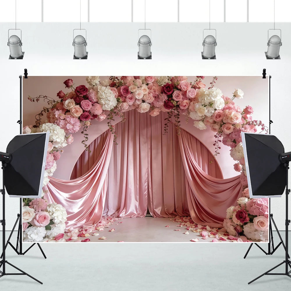 Pink Floral Wedding Backdrop Rose Arch Satin Drapery Photography Background for Bridal Shower Ceremony Photo Booth Decor