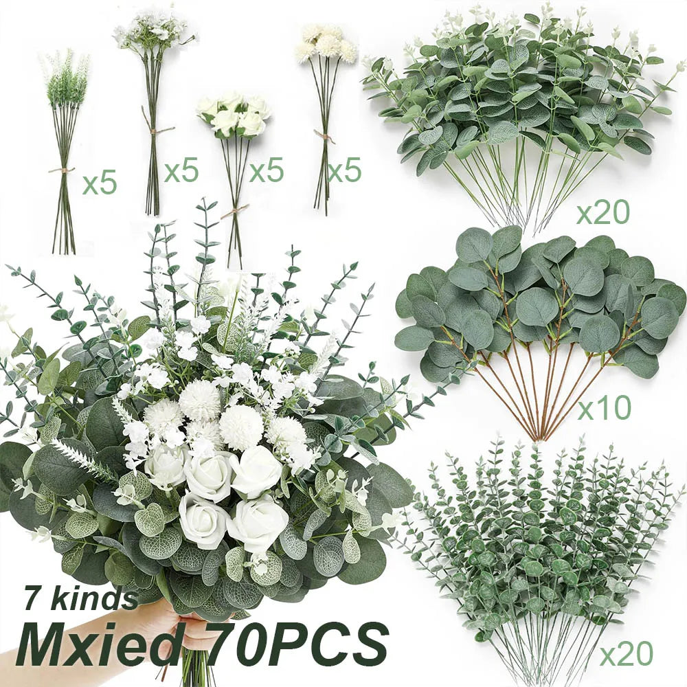 50/90PCS Artificial Flowers Bouquets Mixed Eucalyptus Leaves Willow Silver Eucalyptus Cuttings for Wedding Floral DIY Home Decor