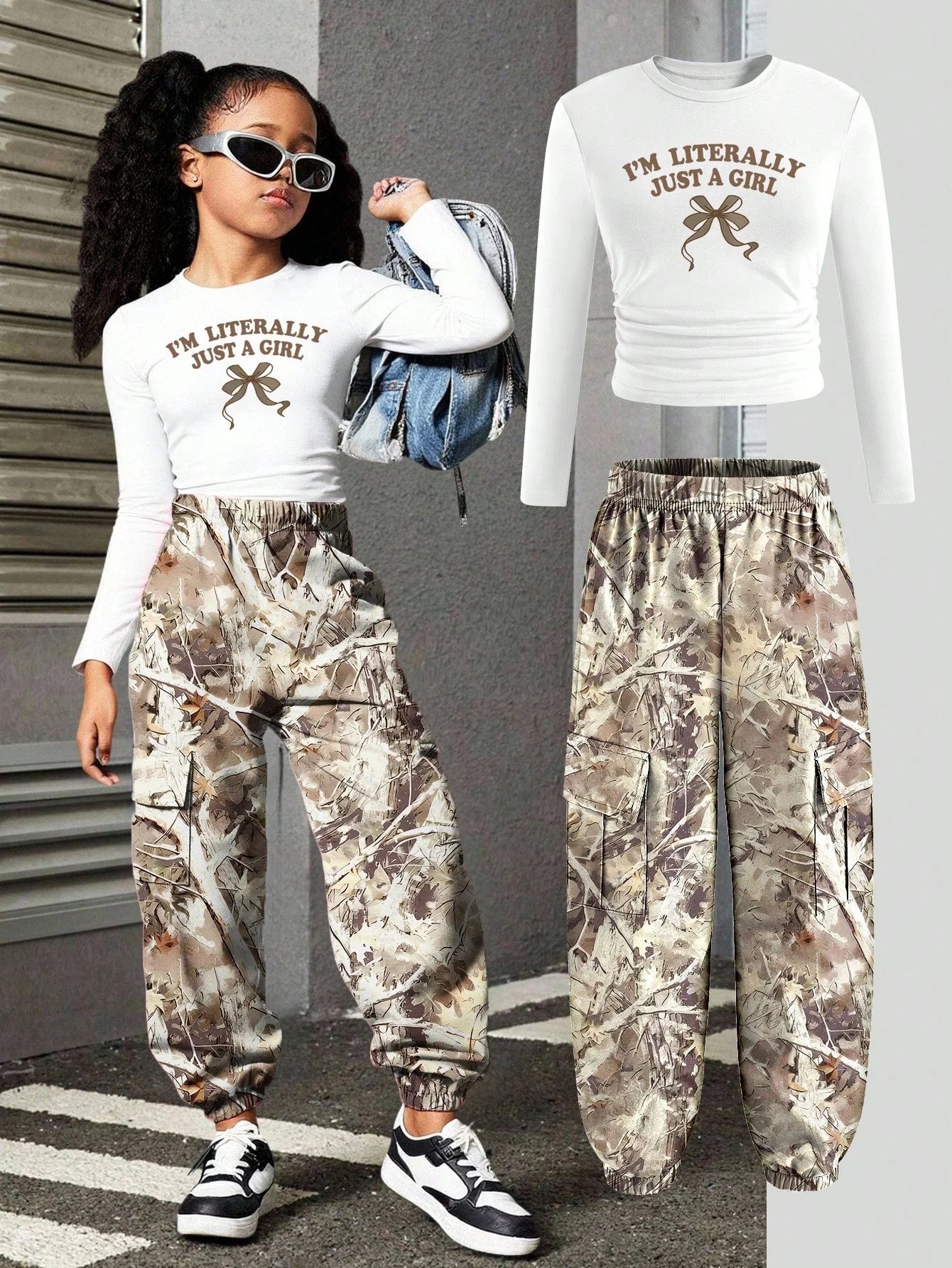 Spring and Autumn Girls' Trendy 2-Piece Outfit: Letter Print Long-Sleeve T-Shirt + Camo Cargo Jogger Pants Set
