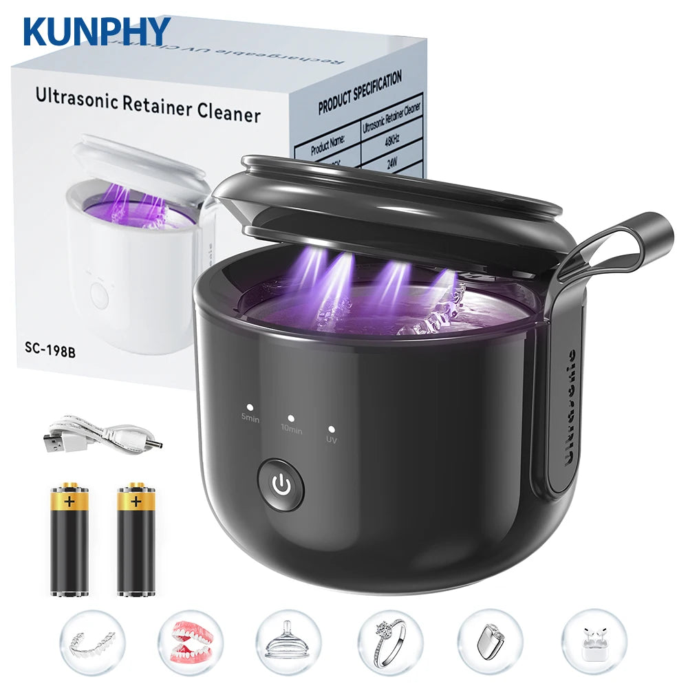 KUNPHY Dental Pod Ultrasonic Retainer Cleaner Machine 200ML with UV 3 Modes for Aligner Nightguard Mouth Guard Oral Dental Care