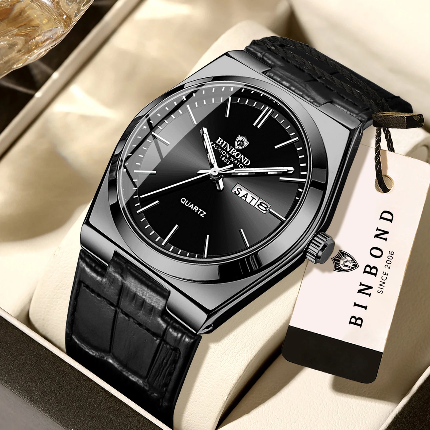BINBOND Durable Men's Watch Reloj Leather Strap Luxury Quartz Wristwatches Precise Luminous Waterproof Auto Date Week Display