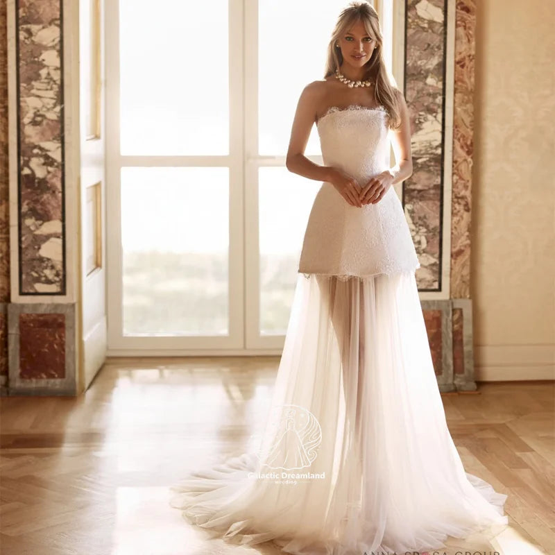 Galactic Customized 2 in 1 Wedding Dress Detachable Tulle Skirt Fashion Strapless Sleeveless A Line Lace Bridal Gown Robe Mariee