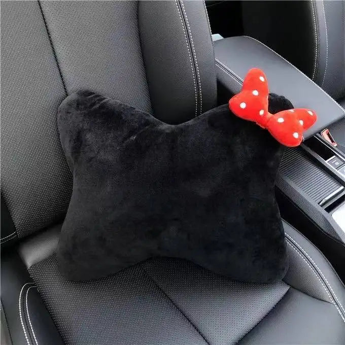 Comfortable Soft Pink Plush Car Headrest Lumbar Support Cartoon Bowknot Car Waist Neck Pillow Car Interior Decoration For Winter