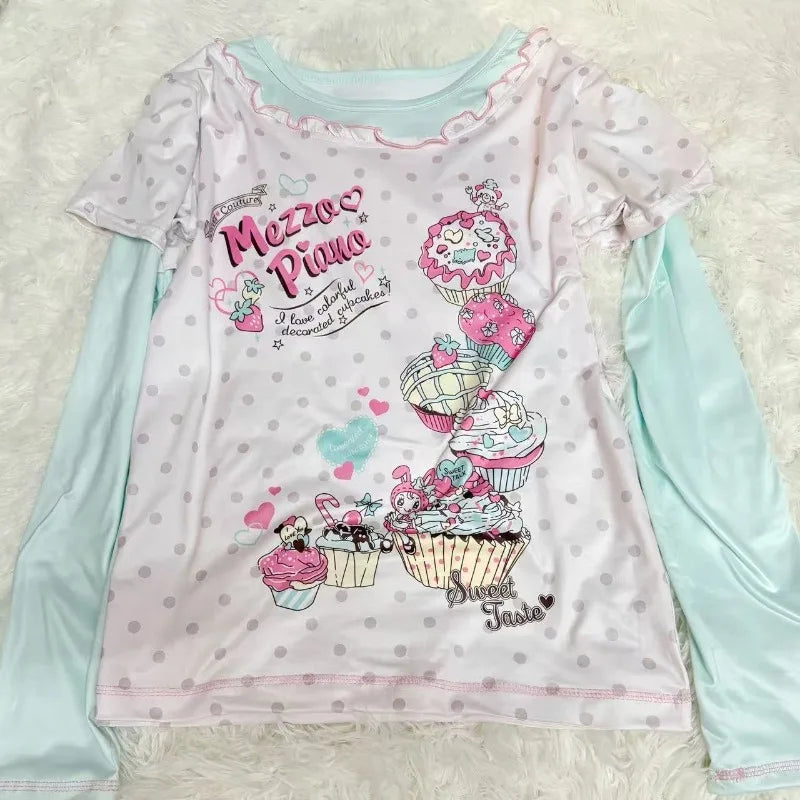 Japanese Sweet Cartoon Polka Dot Print Women T-shirt Loose Kawaii Contrast Color Cute Graphic Tee Tops Y2k Aesthetic Tshirts