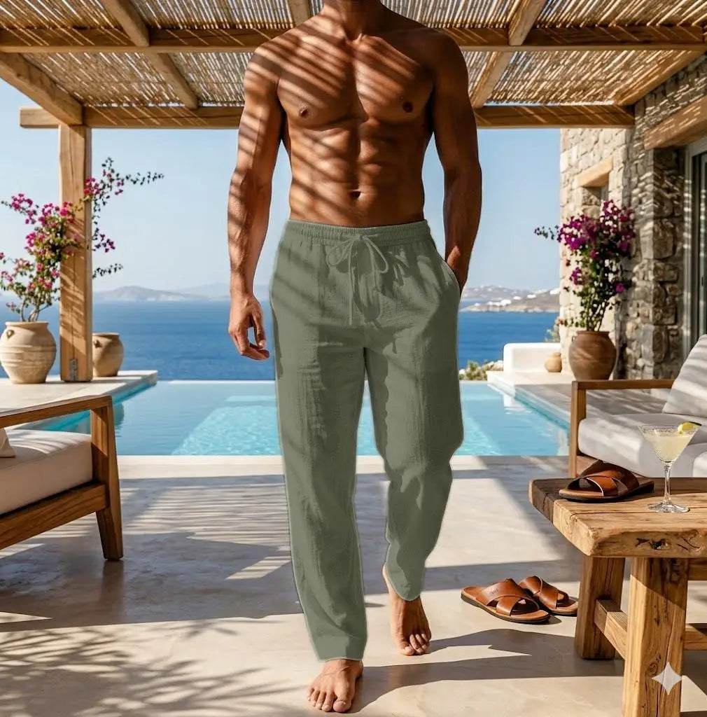 Summer Men Pure Cotton Linen Pants Lightweight Breathable Loose Drawstring Solid Color Beach Casual Long Trousers M-4XL