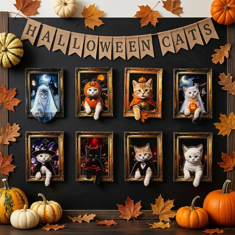 4/8PCS Halloween Wooden Refrigerator Magnet Spooky Art Fridge Magnet Frame Picture Stickers Halloween Party Gift Home Decor