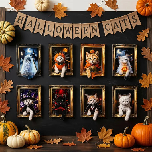 4/8PCS Halloween Wooden Refrigerator Magnet Spooky Art Fridge Magnet Frame Picture Stickers Halloween Party Gift Home Decor