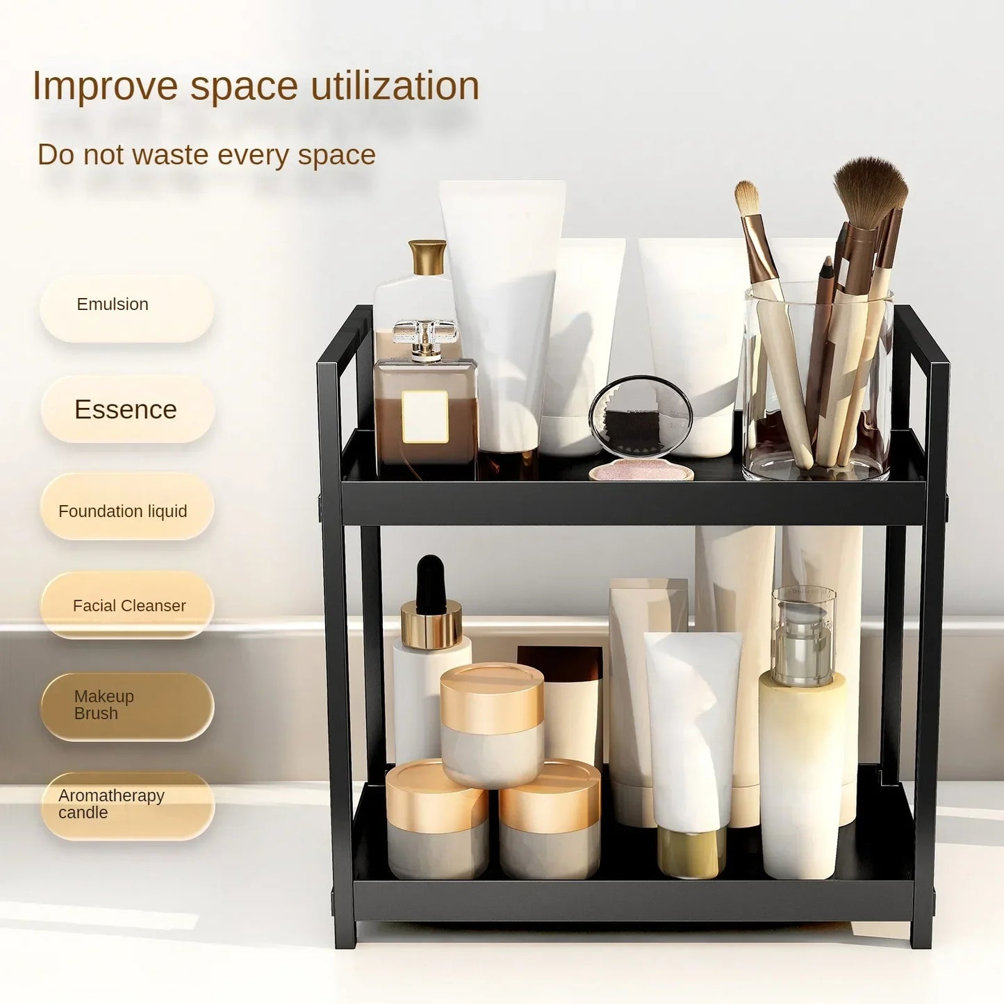 2 Tier Under Sink Organizer Sliding Cabinet Basket Organizer Storage Rack with Hooks Hanging Cup Bathroom Kitchen Organizer