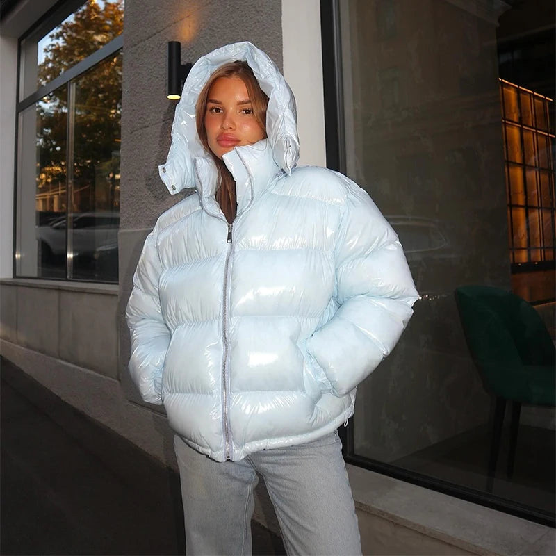 Women Solid Hooded Glossy Padded Jacket Long Sleeve Stand Zipper Fluffy Warm Coat Autumn Winter 2025 Chic Casual Street Jackets