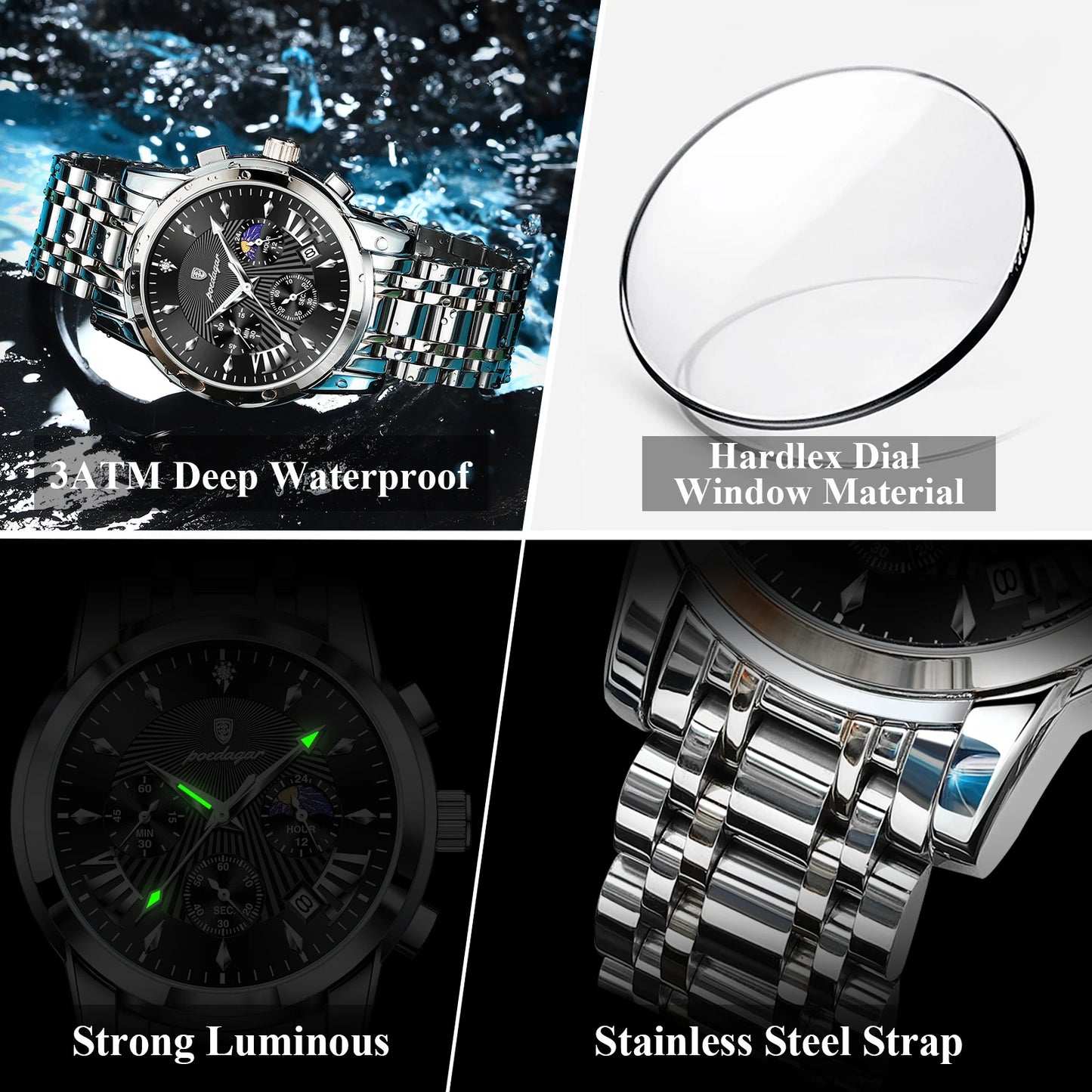 POEDAGAR Top Luxury Men Wristwatch Waterproof Luminous Date Chronograph Male Clock Stainless Steel Business Men's Quartz Watches