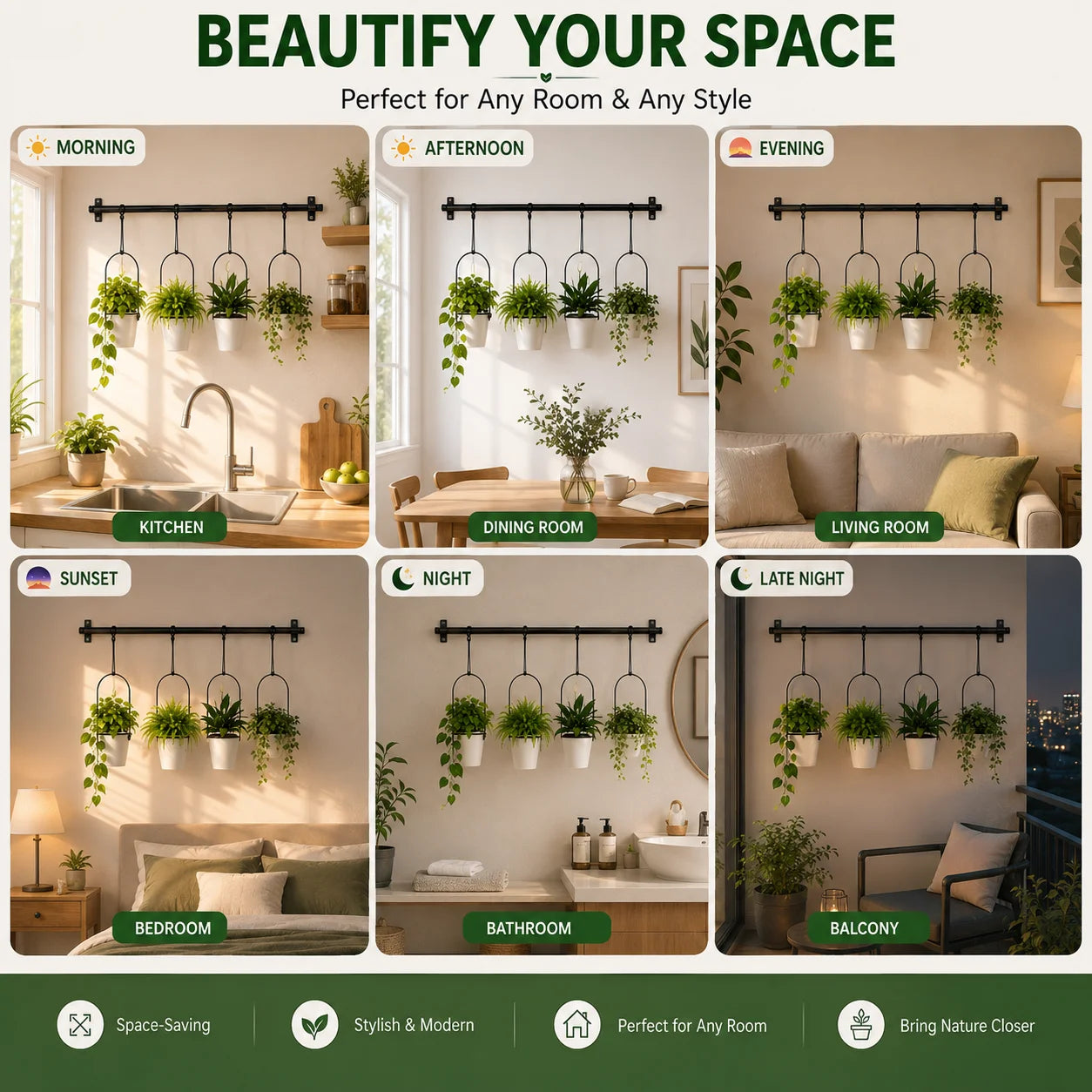 Adjustable Hanging Window Planter with 4 Pots, 41 Inch Wall Mounted Metal Plant Hanger, Space Saving Indoor Herb Garden Hanging Plant Rack for Kitchen, Balcony, Living Room & Home Decor