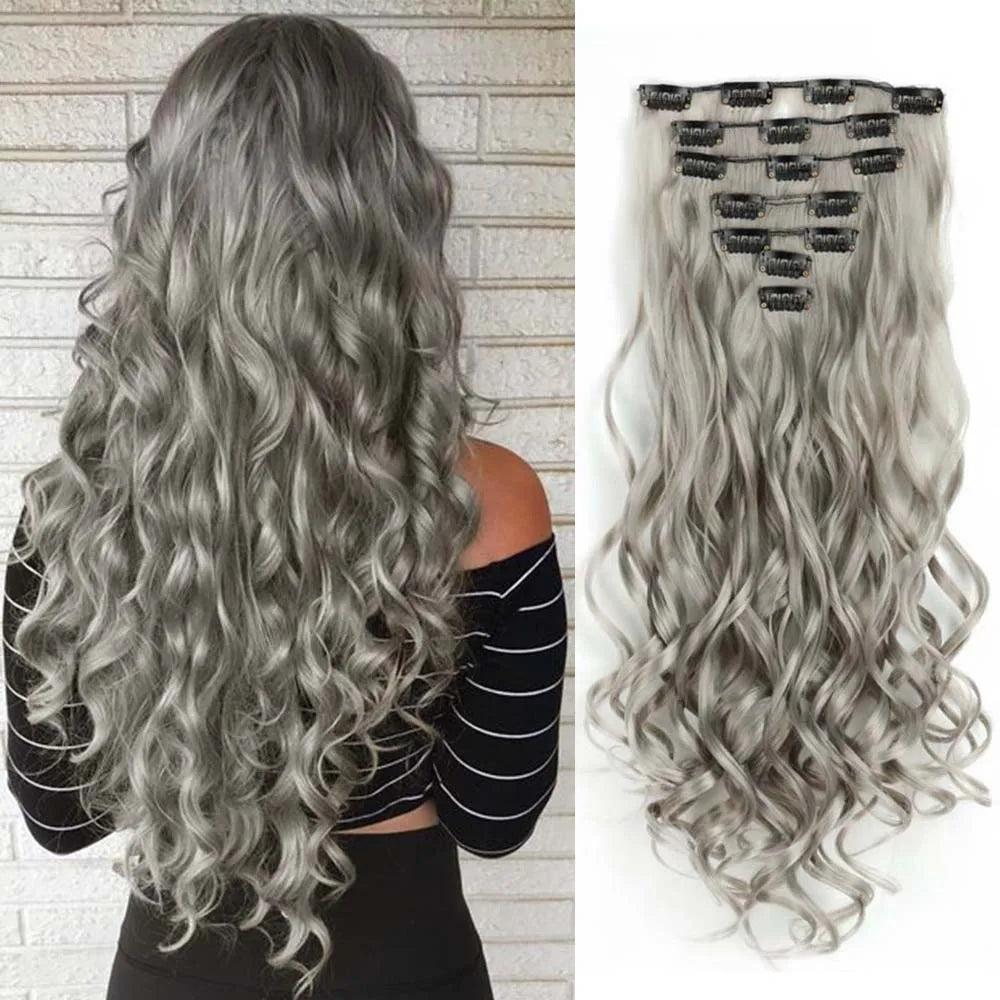 22 Inch Elegant Sexy White Hair 7Pcs/Set 16 Clips Long Curly Wave, Body Wave Synthetic Hair Extensions Clip-in Hair Extensions