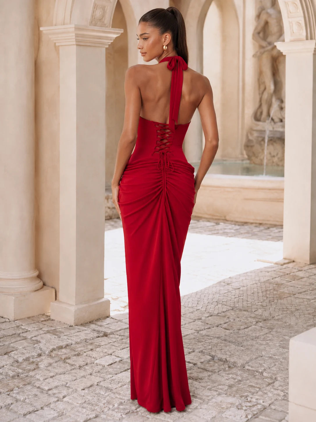 Women Elegant Halter Neck Formal Gown, Open Back Draped Ruched High Slit Maxi Dress for Prom Wedding Guest Bridesmaid Cocktail Party，evening gown，formal dress，maxi dress，prom dress，bridesmaid dress，wedding guest d