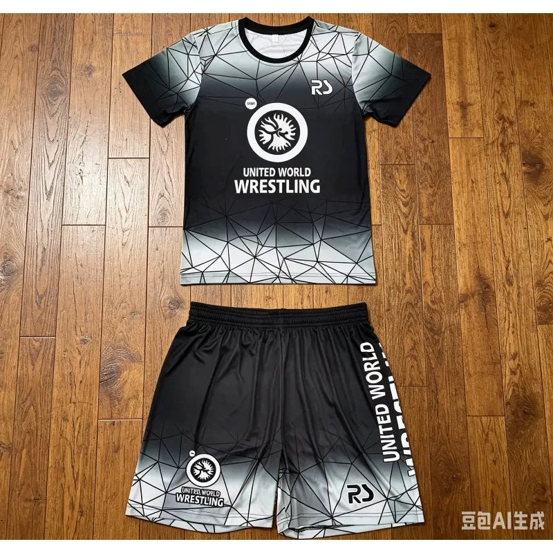2026 New Men World Wrestling Team Sportswear Set Short Sleeve T Shirt and Shorts for Workout Lightweight Moisture Wicking