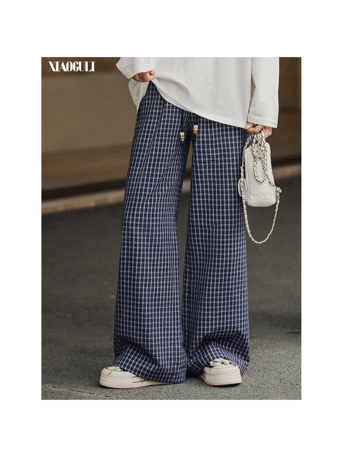 XIAOGULI Blue Plaid Wide Leg Pants Women Cotton High Waist Drawstring Trousers 2026 Petite Regular 2 Types Casual Long Pants