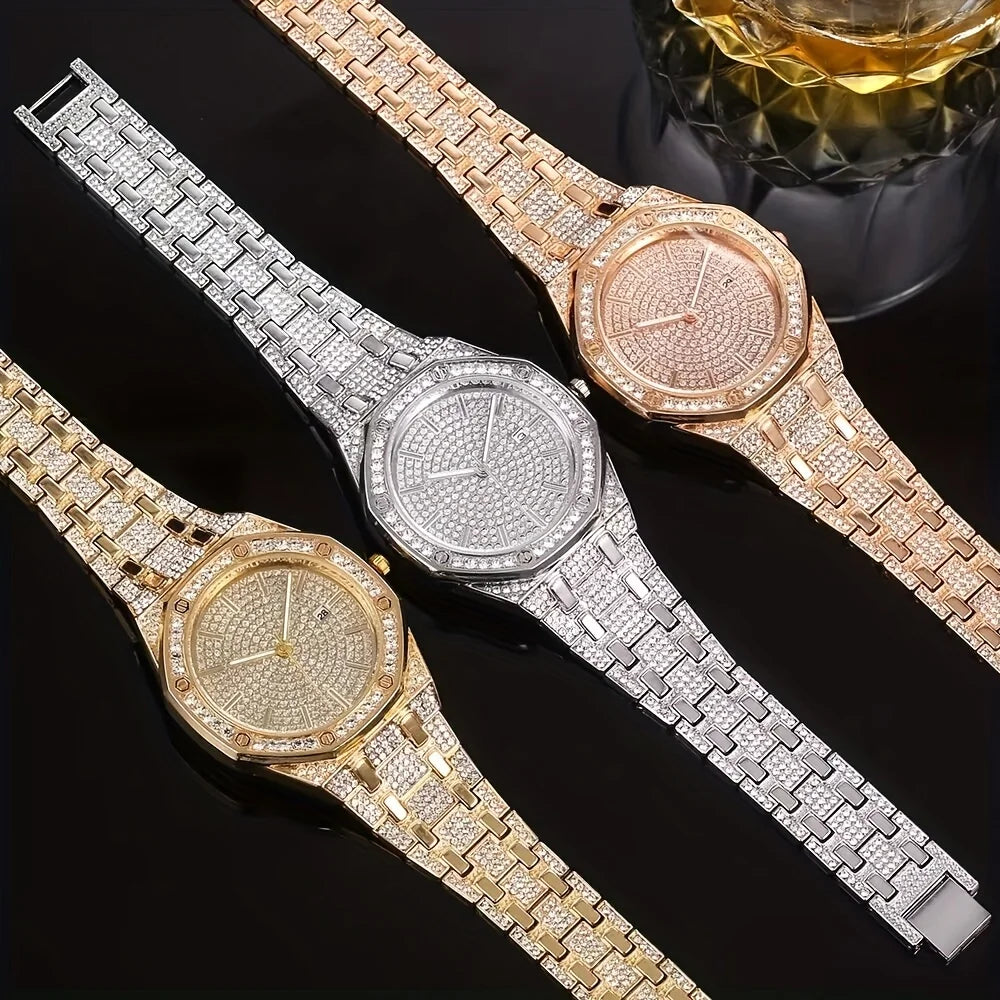 Fashion Luxury Hip Hop Diamond Style Square Men's Watch Shiny Crystal Stainless Steel Quartz Sports Men's Watch