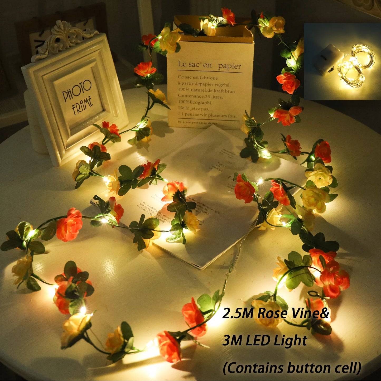 Rose LED Lights String Artificial Flowers Ivy Leaves Wedding Garland Home Room Decoration Arch Hanging Wall Garden Party Decor