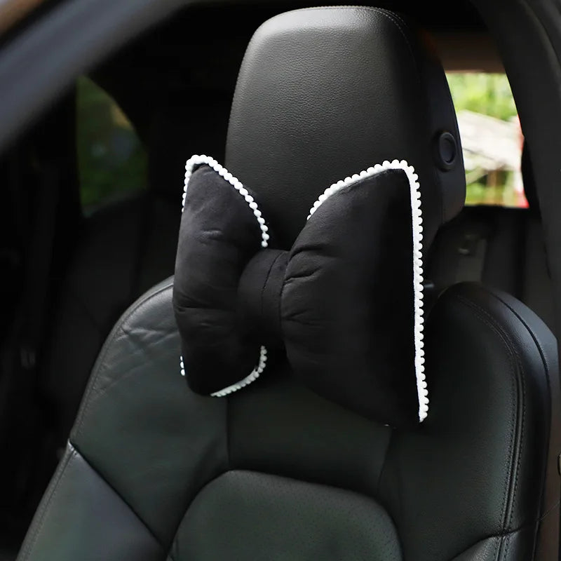 Comfortable Soft Pink Plush Car Headrest Lumbar Support Cartoon Bowknot Car Waist Neck Pillow Car Interior Decoration For Winter