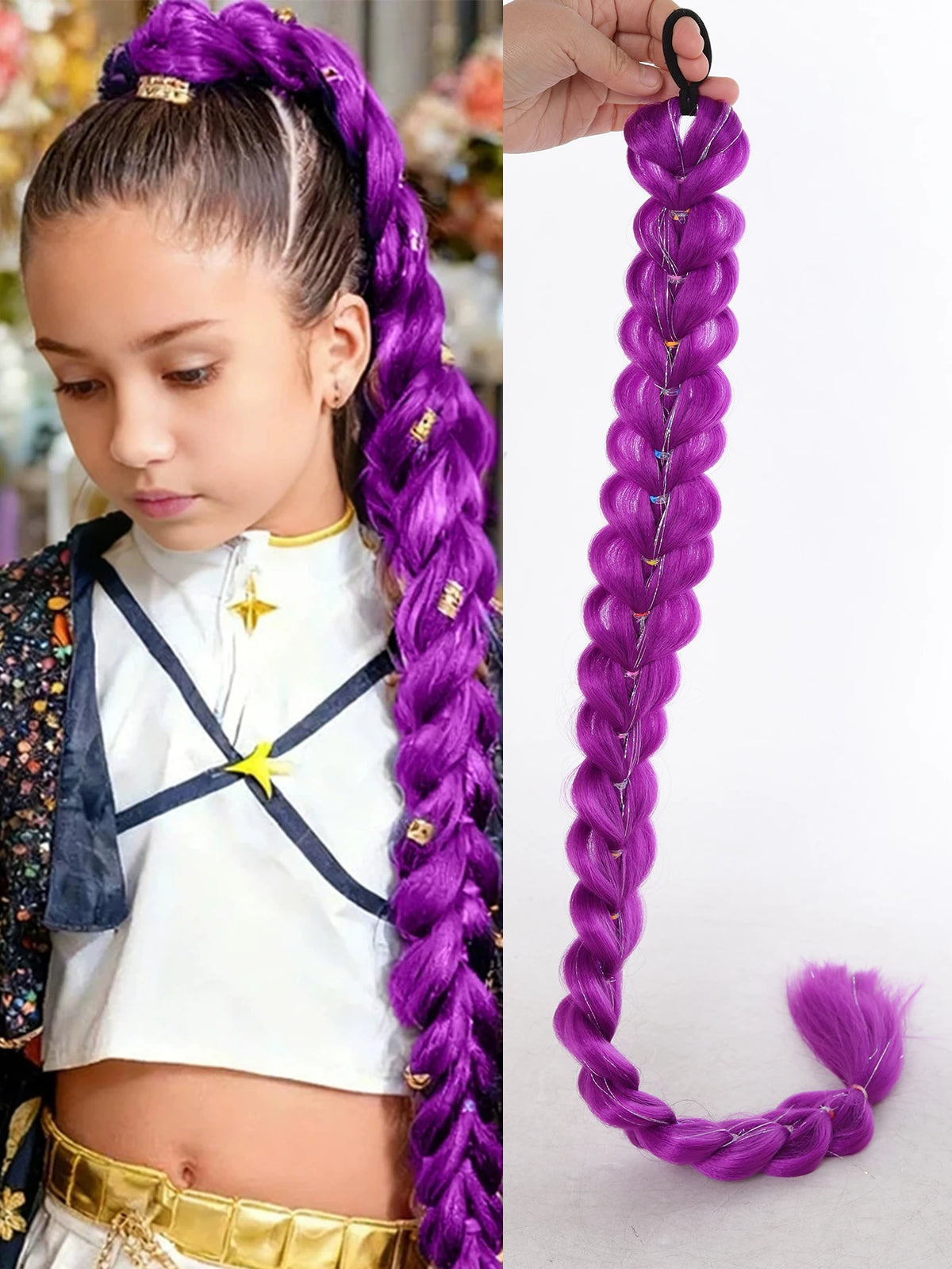 32inch Braided Purple Hair Ponytail with Tinsel Hair Wig Super Extensions Shiny Tinsel Hair for Kids Christmas Cosplay Rumi Hair