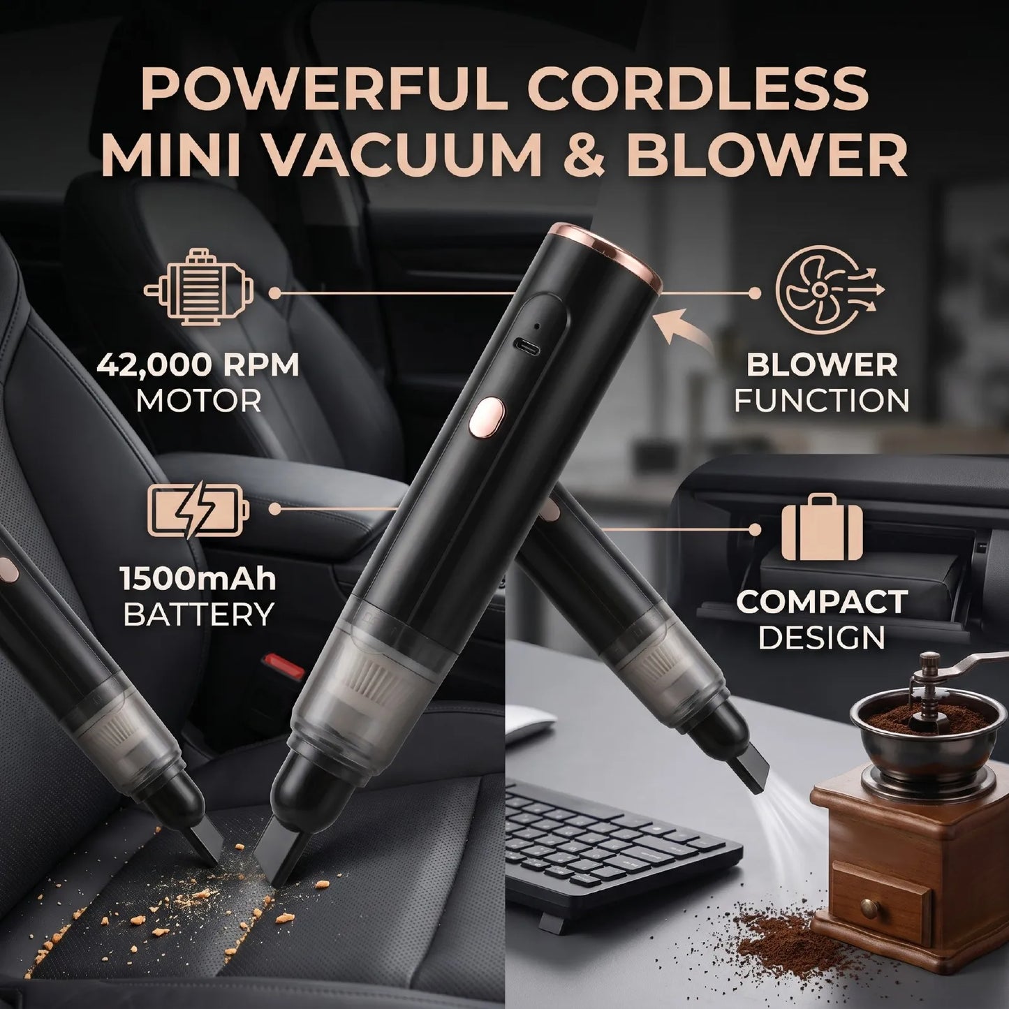 Car Vacuum Cleaner Handheld Mini Cordless Coffee Grinder Remover for Car Home Office Coffee Grinder