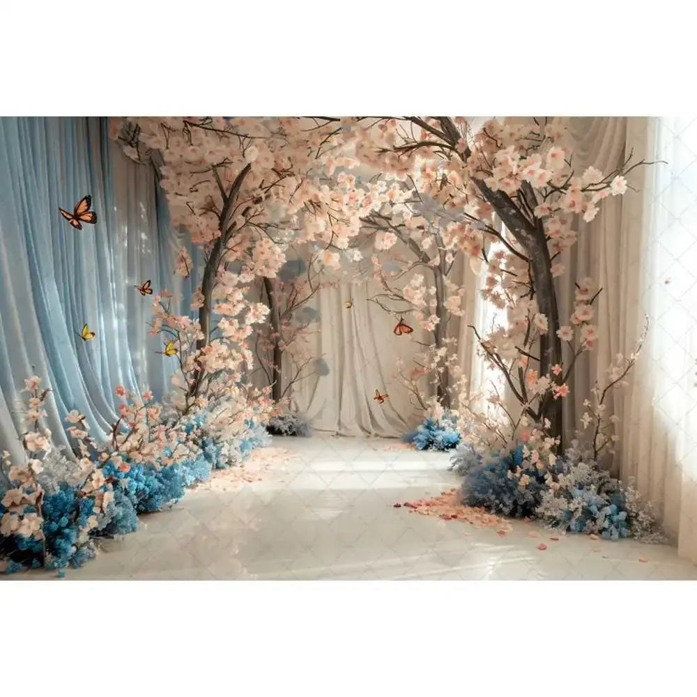 Blue gradual change butterfly wedding photography background custom dream flower portrait photo decoration banner studio supplie
