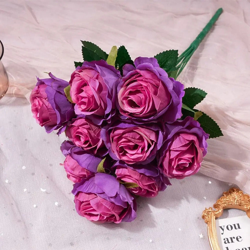 Multicolor Rose Artificial Flower 9 Heads Green Leaves Lifelike Flowers Desktop Ornament Photo Props Flower Bouquet Gift