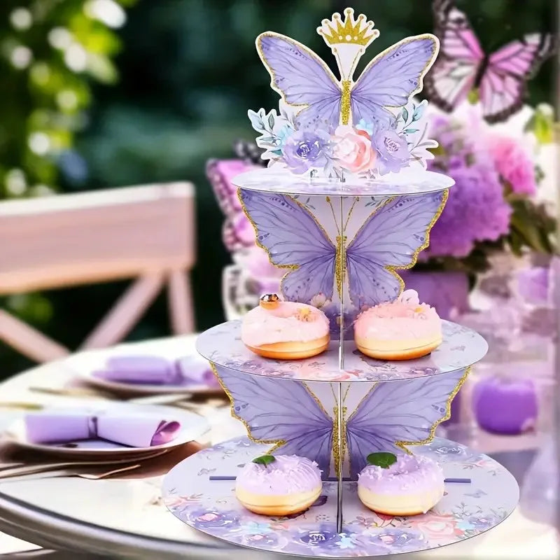 Buttleply 3 Tier Cupcake Stand Purple Butterfly Cupcake Stand Decoration - 3-Tier Butterfly Floral Crown Cupcake Tower Cardboard