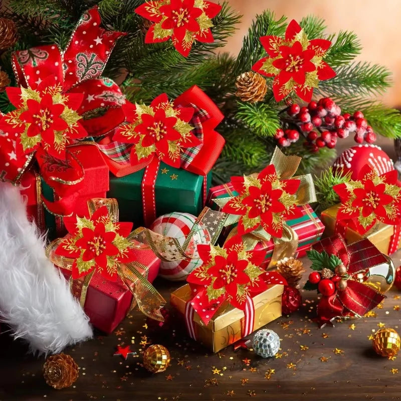 50/10PCS Artificial Glitter Christmas Flowers with Clips Red Gold Poinsettia Fake Ornament DIY Xmas Tree New Year Party Decora