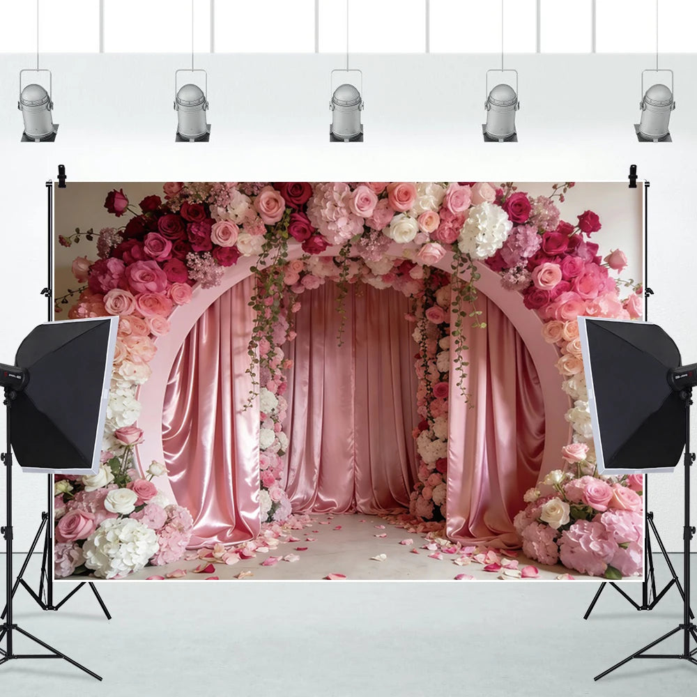 Pink Floral Wedding Backdrop Rose Arch Satin Drapery Photography Background for Bridal Shower Ceremony Photo Booth Decor