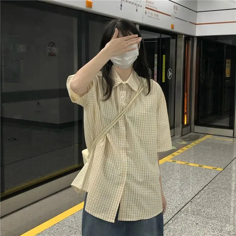 Plaid Shirts for Women Youthful Commuting Fresh Pocket Summer Autumn Short Sleeve Tops Tender Hipster Vintage American Style