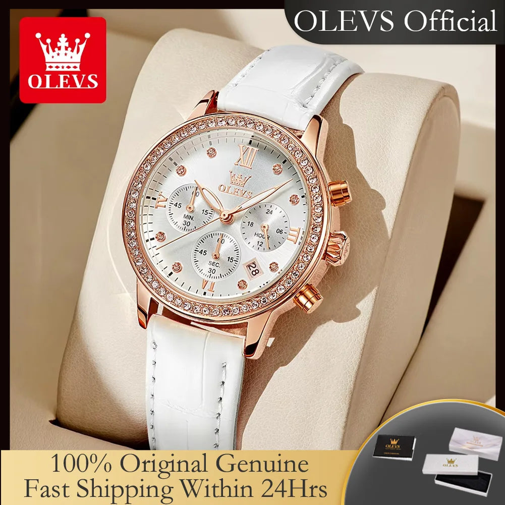OLEVS 9933 Original Luxury Quartz Watch for Women Fashion Elegant Leater Strap Waterproof Chronogrph Branded Women's Wrist Clock
