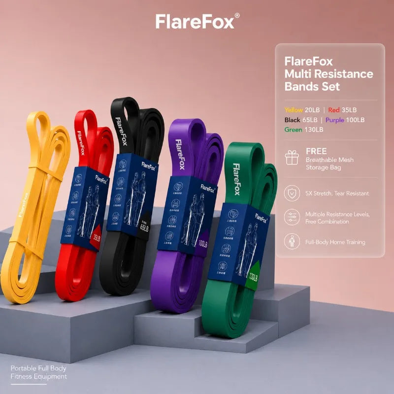 FlareFox Multiple Resistance Bands Set Pull-up Assist Straps Strength Agility Training Handy Gym Equipment for Home CrossFit