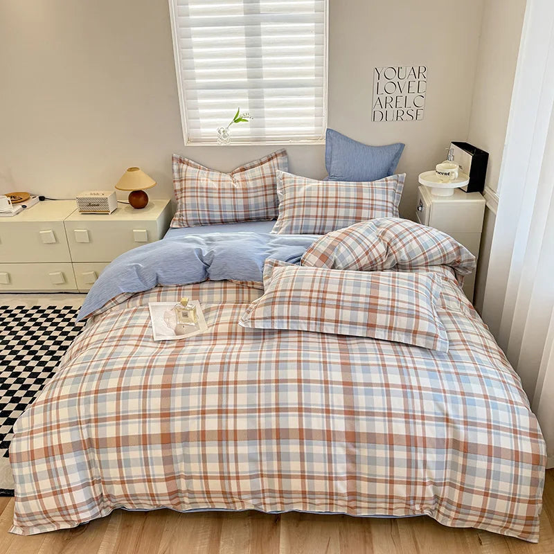 Korean Ins Pink Plaid Duvet Cover Set Queen King Bowknot Print Bedding Set Skin Friendly Soft Comforter Cover Sheets Pillowcases