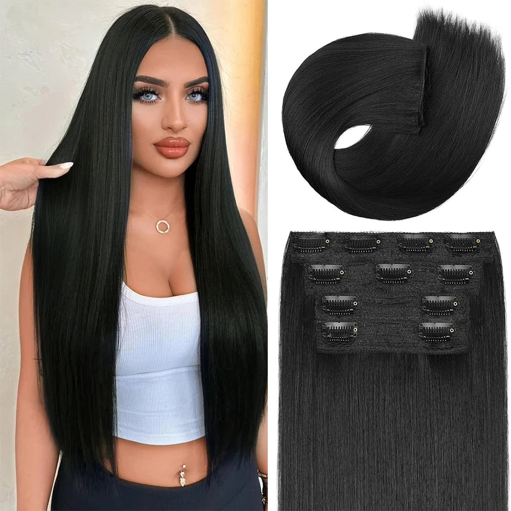 Copper Red Long Wavy Clip in Hair Extensions 20 Inch 4Pcs Double Weft Synthetic Hairpieces Full Head for Women Party Cosplay
