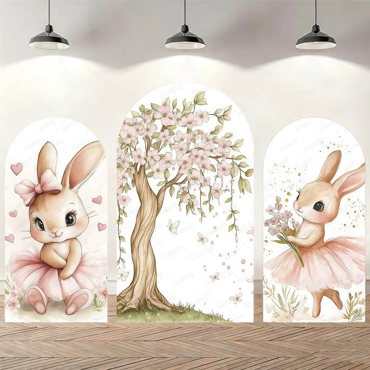 Cute Pink Bow Ballerina Bunny Rabbit Arch Backdrop Cover Flowers Pink Ballet Girl 1st Birthday Party Decor Arch Wall Background