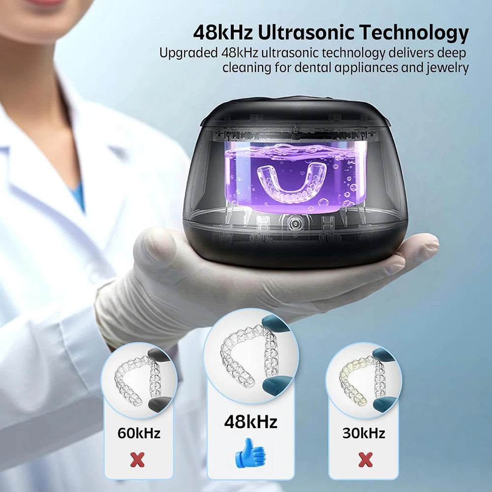KUNPHY Ultrasonic Retainer Cleaner Machine 48kHz 200ML Dental Cleaning Pod with UV Deep Cleaning for Braces Night Guard Dentures