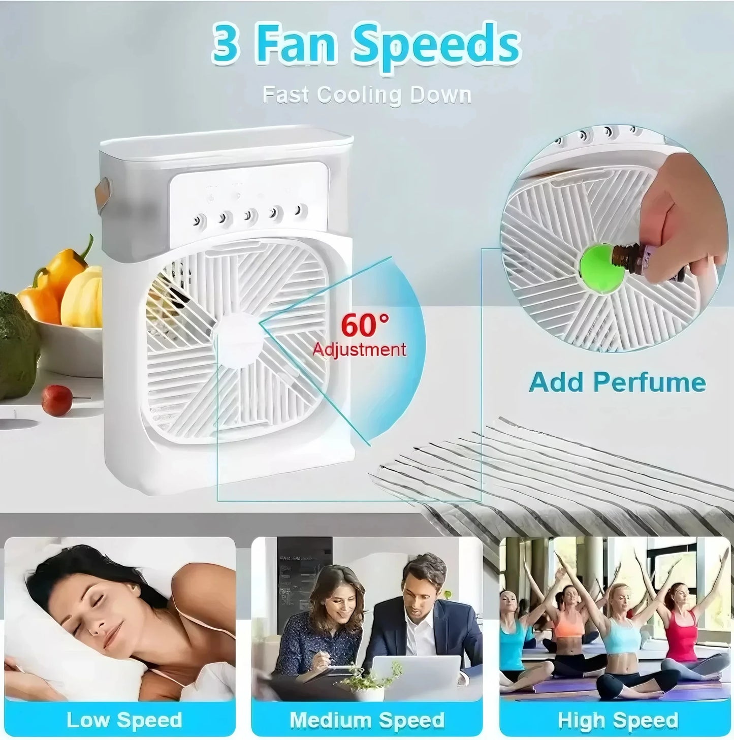3 In 1 Mini Portable Air Cooler Fan 5-Hole Humidifier LED Night Light 1-3H Timer Personal Desktop Cooling Device For Home Office