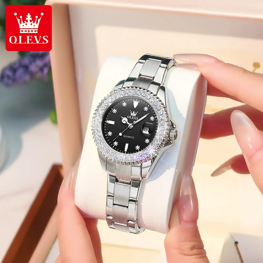 OLEVS Elegant Original Quartz Women's Watch Luxury Diamond Dial Fashion Steel Band Leather Band Waterproof Glow Watch 9945