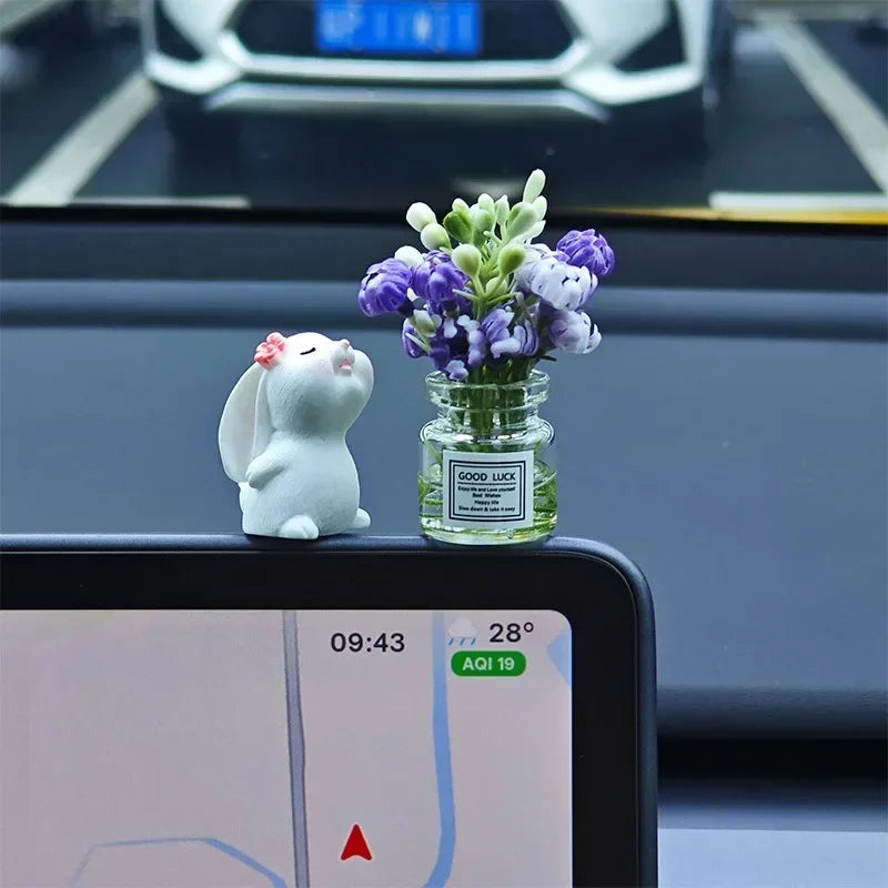 Cute Bunny Car Air Freshener Mini Vase Ornament Auto Center Console Smart Screen Floral Fragrance Pendant Decor