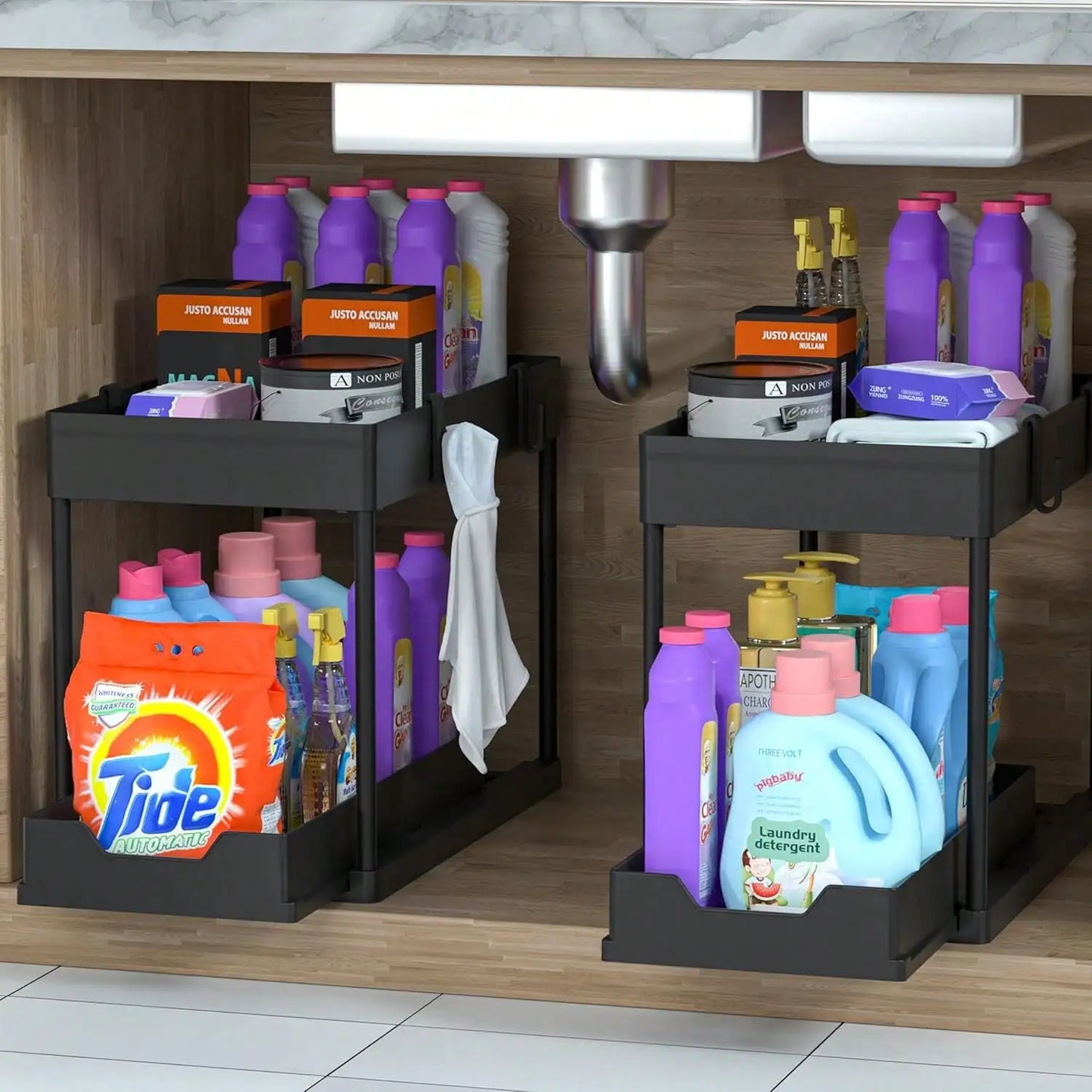 2-Tier Under Sink Organizer with Pull Out Drawer, Slide-Out Cabinet Storage Rack, Stainless Steel Kitchen Shelf with 5 Hooks & 2 Hanging Baskets